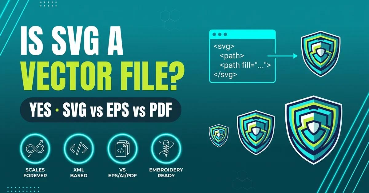 Is SVG a vector file — title graphic showing SVG code next to a scalable logo