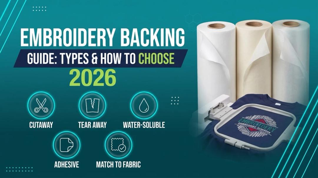 Rolls of cutaway, tearaway, and water-soluble embroidery backing material next to a hooped shirt