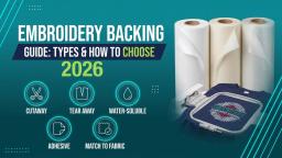 Rolls of cutaway, tearaway, and water-soluble embroidery backing material next to a hooped shirt Rolls of cutaway, tearaway, and water-soluble embroidery backing material next to a hooped shirt