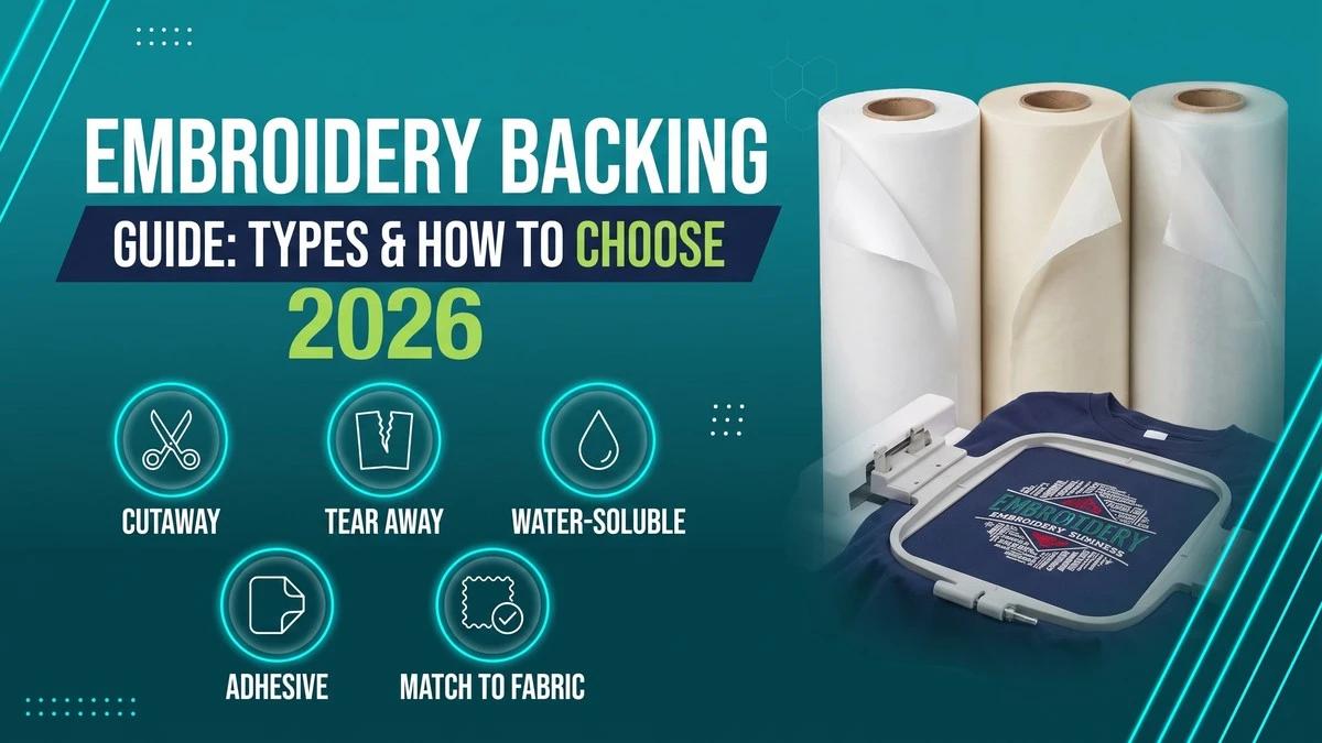 Rolls of cutaway, tearaway, and water-soluble embroidery backing material next to a hooped shirt Rolls of cutaway, tearaway, and water-soluble embroidery backing material next to a hooped shirt